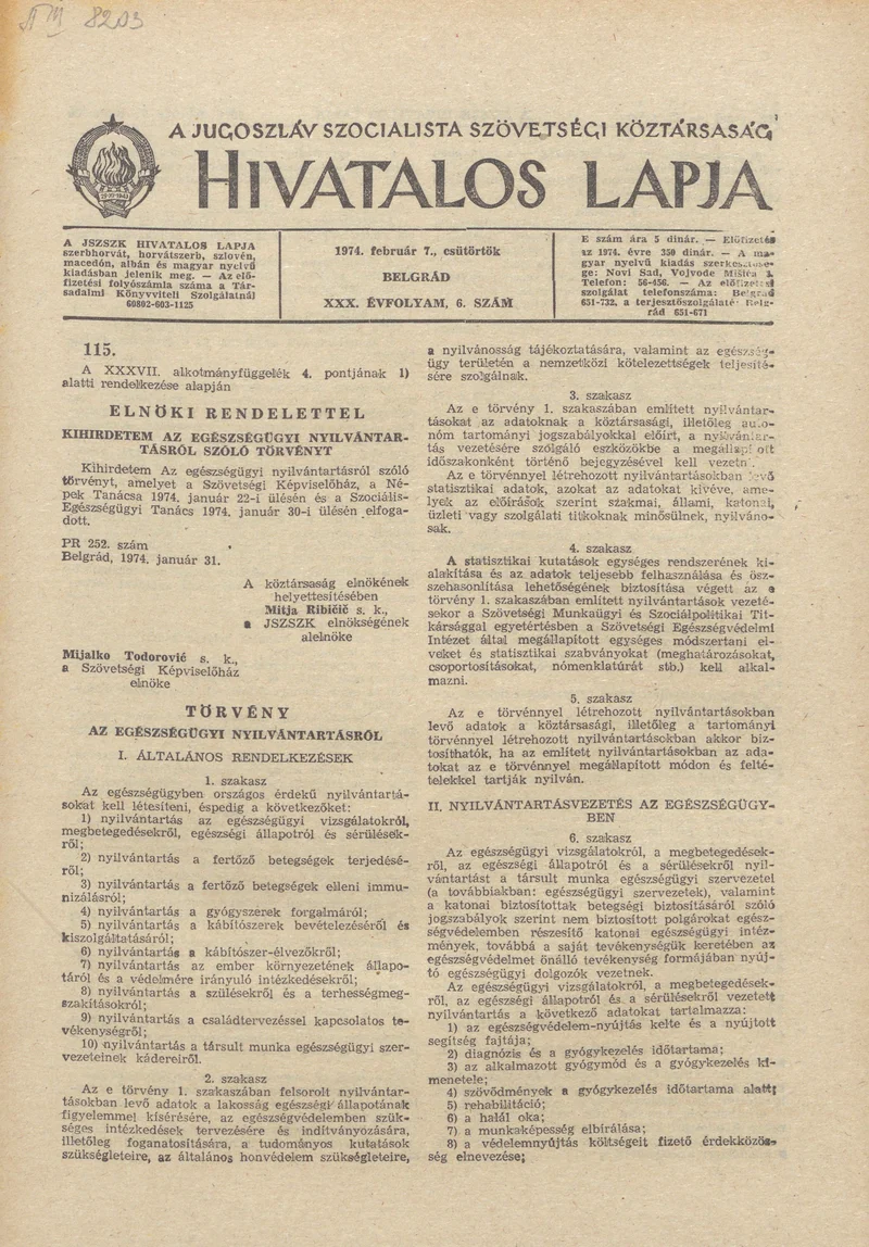A Jugoszláv Szocialista Szövetségi Köztársaság Hivatalos Lapja, 30. évf. 1974. február 7. 6. sz. 161–172. oldal