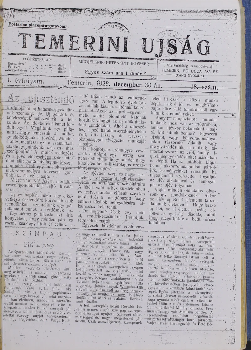 Temerini Újság 1928-1944, 1. évf. 1928. december 30. 18. sz.