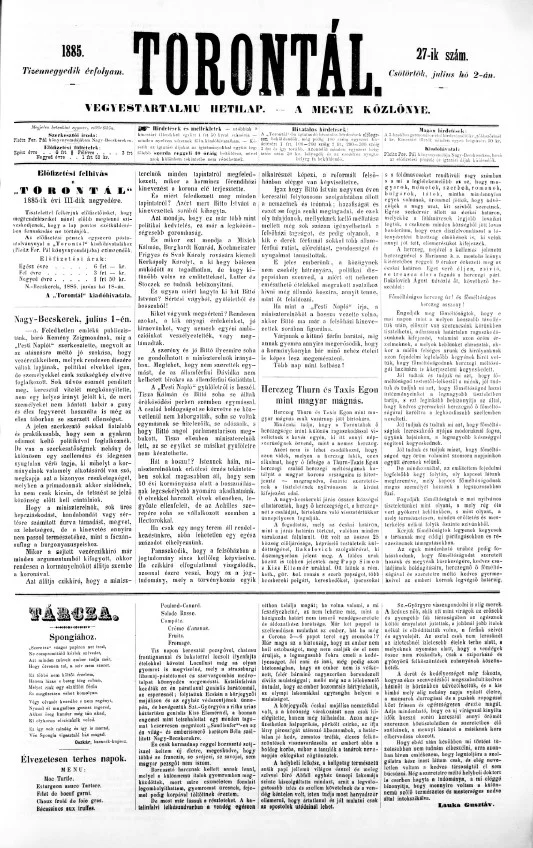 Torontál, 14. évf. 1885. július 2. 27. sz.