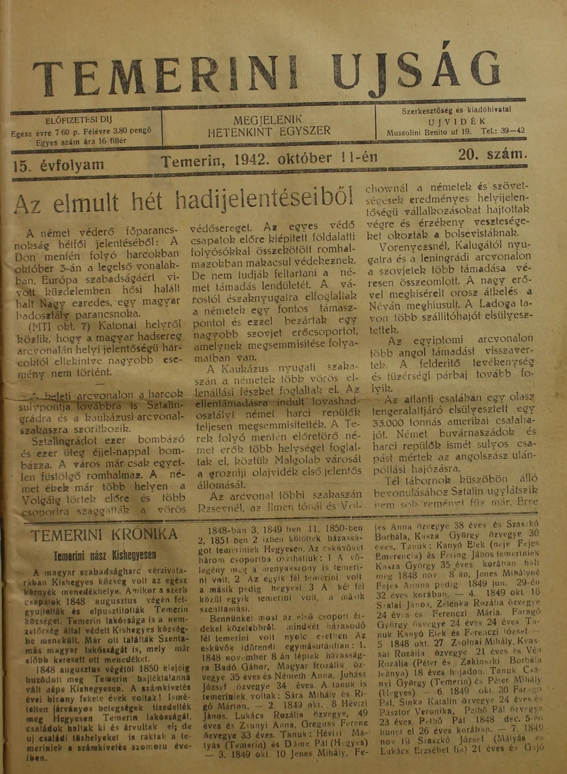 Temerini Újság 1928-1944, 15. évf. 1942. október 11. 20. sz.