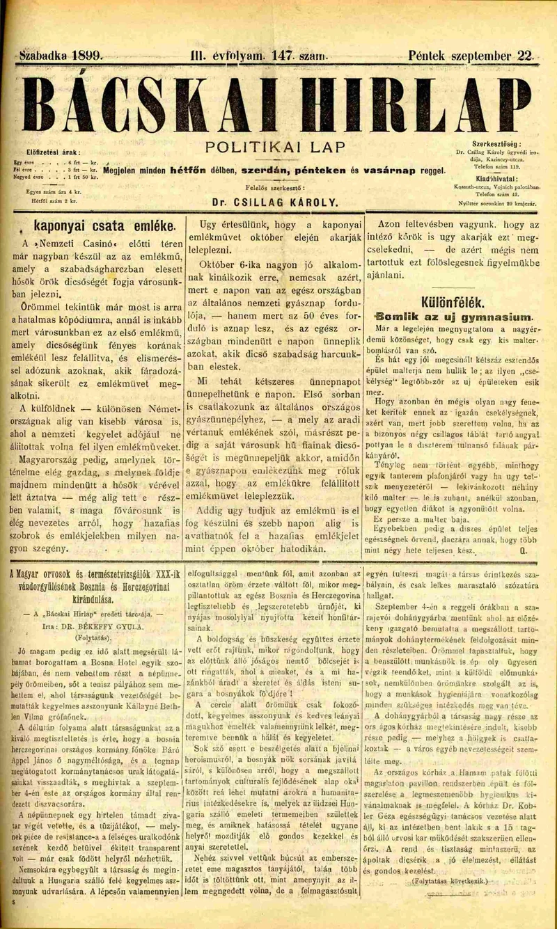 Bácskai Hirlap, 3. évf. 1899. szeptember 22. 147. sz.