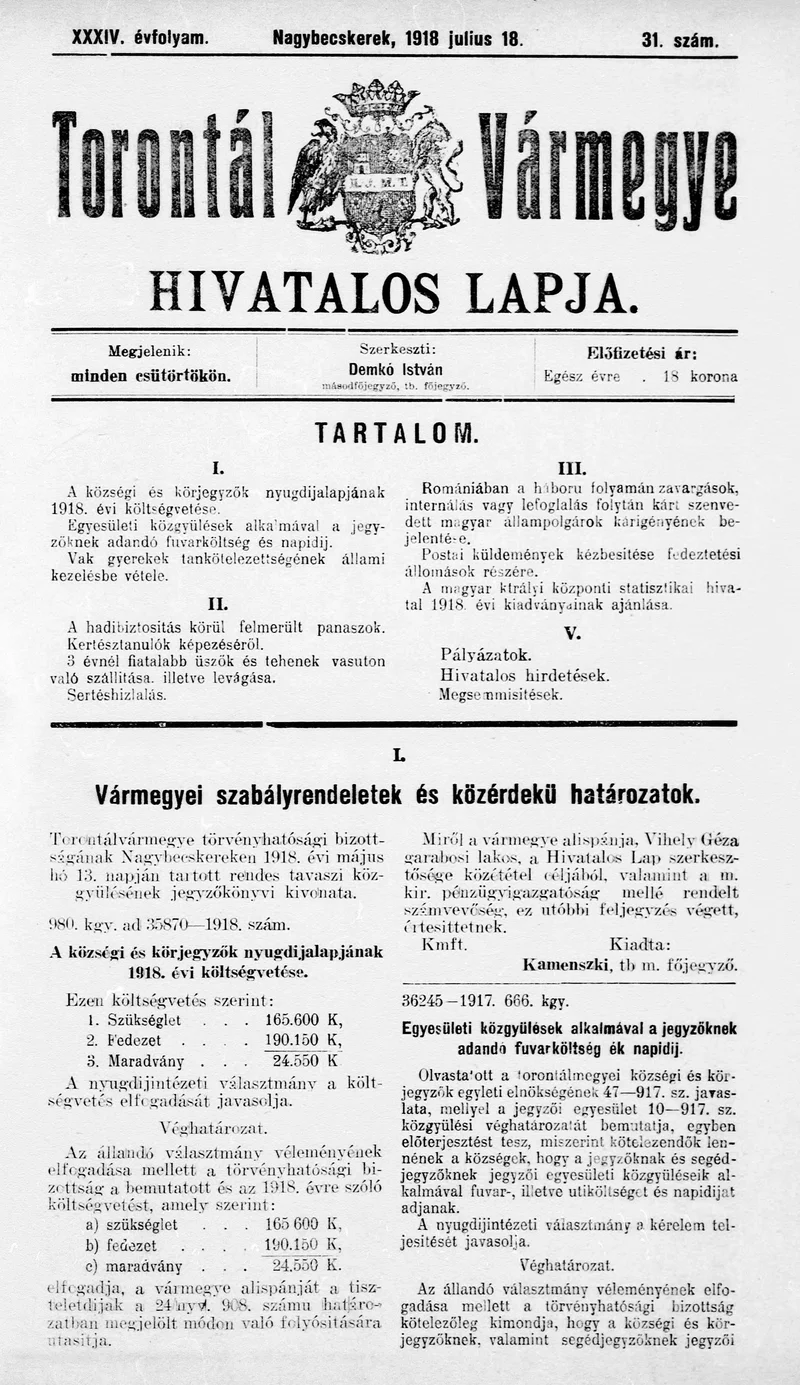 Torontál Vármegye Hivatalos Lapja, 34. évf. 1918. július 18. 31. sz.