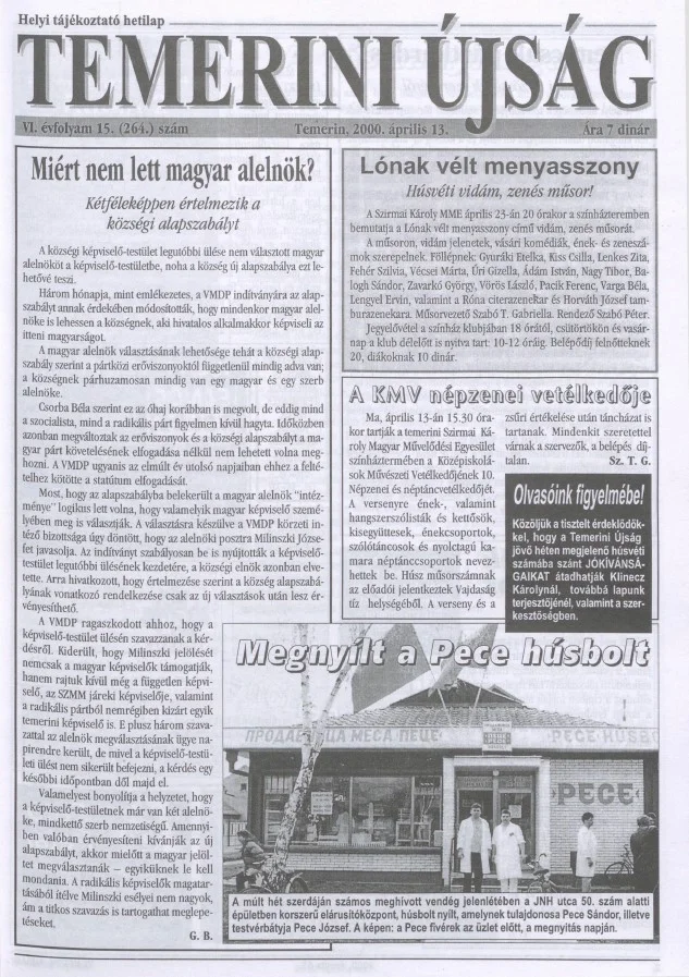 Temerini Újság, 6. évf. 2000. április 13. 15. sz.