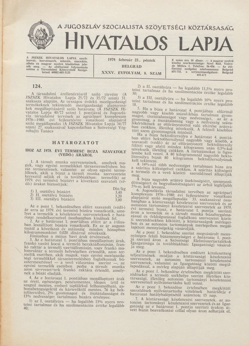 A Jugoszláv Szocialista Szövetségi Köztársaság Hivatalos Lapja, 35. évf. 1979. február 23. 8. sz. 209–256. oldal