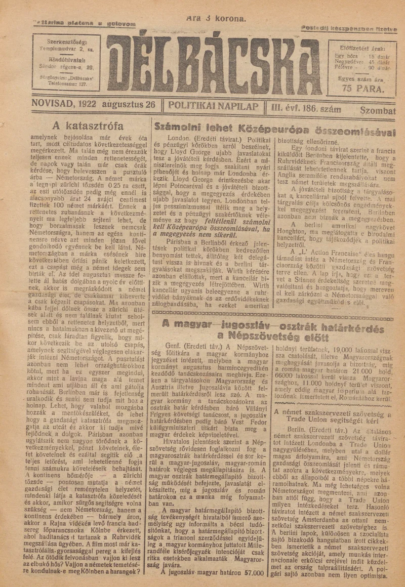 Délbácska, 3. évf. 1922. augusztus 26. 186. sz.