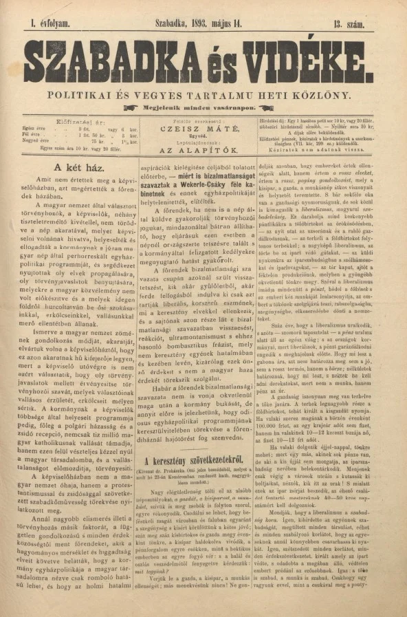 Szabadka és vidéke II, 1. évf. 1893. május 14. 13. sz.