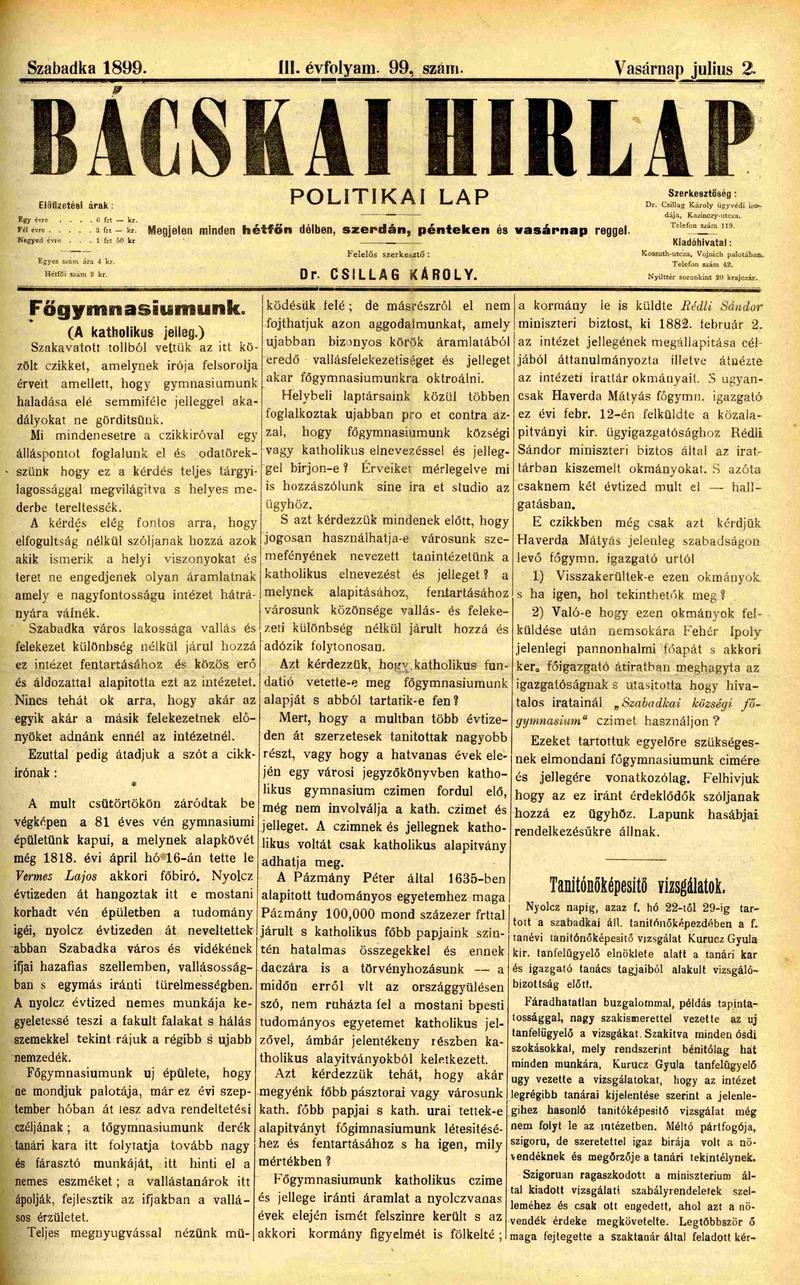 Bácskai Hirlap, 3. évf. 1899. július 2. 99. sz.