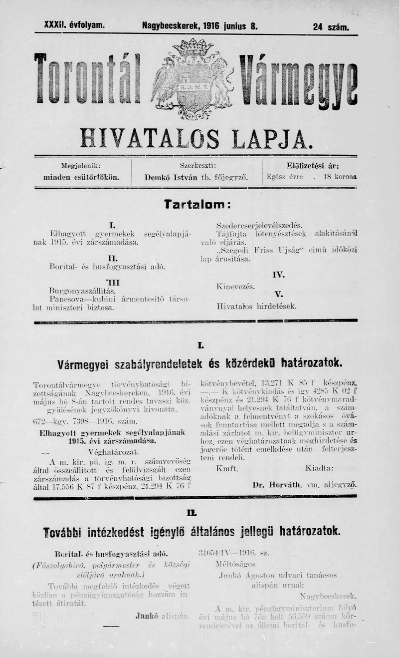 Torontál Vármegye Hivatalos Lapja, 32. évf. 1916. június 8. 24. sz.