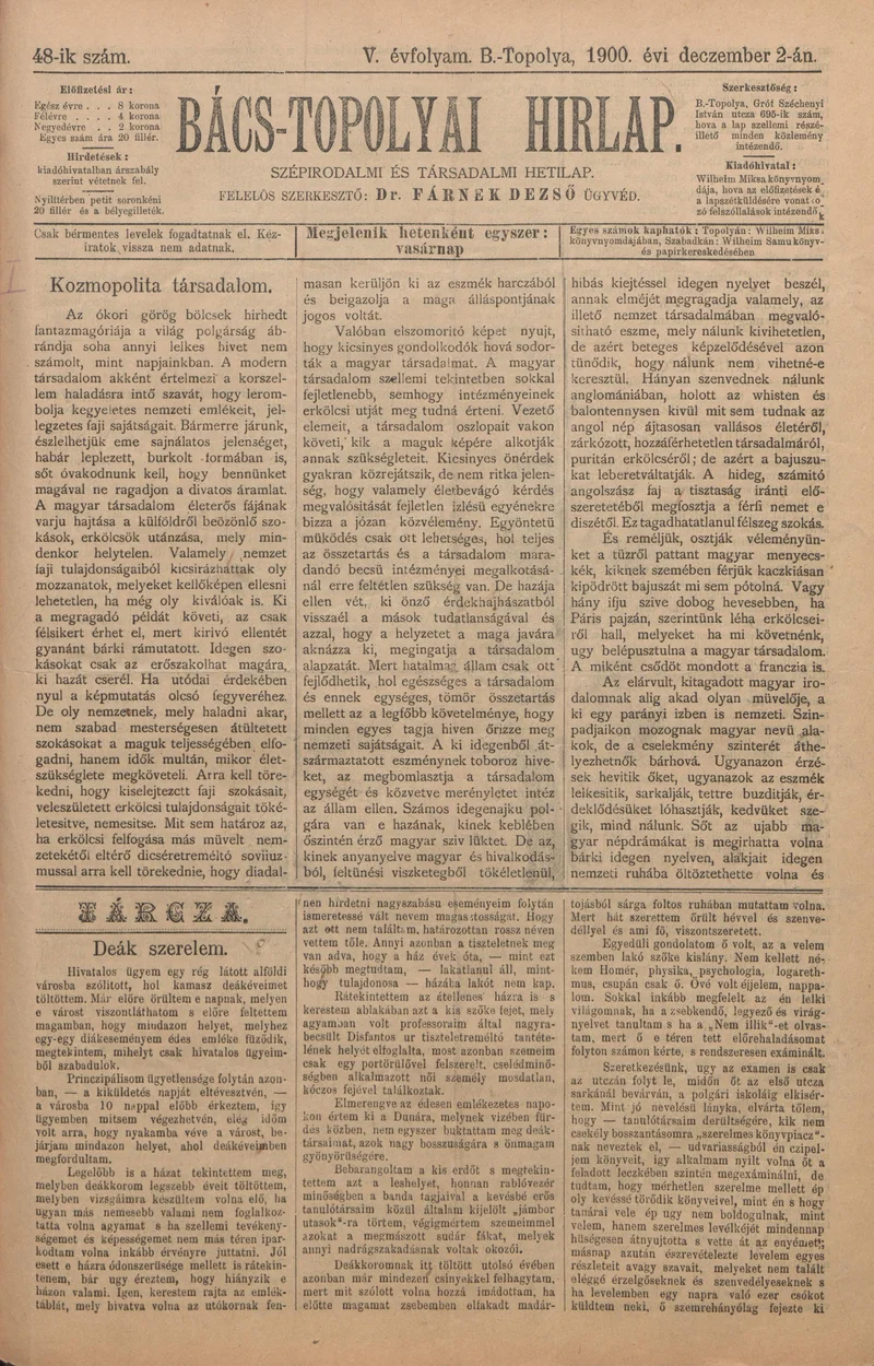 Bács-Topolyai Hirlap, 5. évf. 1900. december 2. 48. sz.