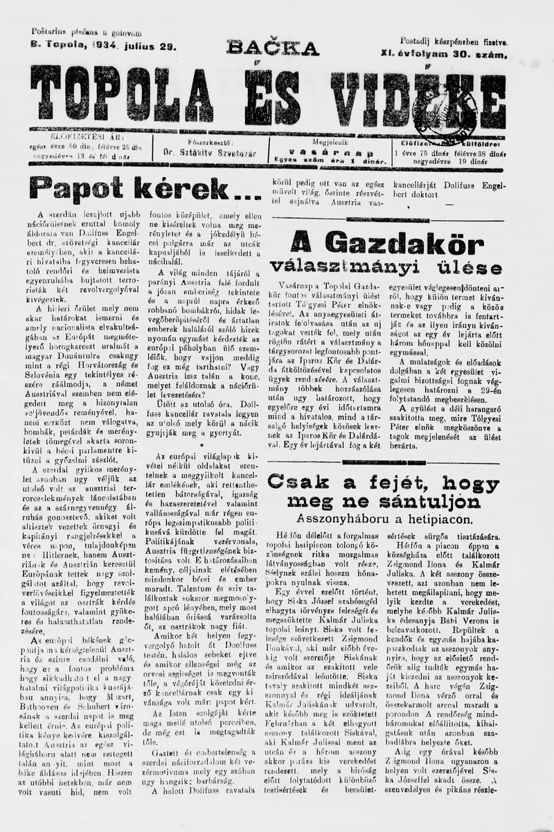 Bačka Topola és Vidéke, 11. évf. 1934. július 29. 30. sz.