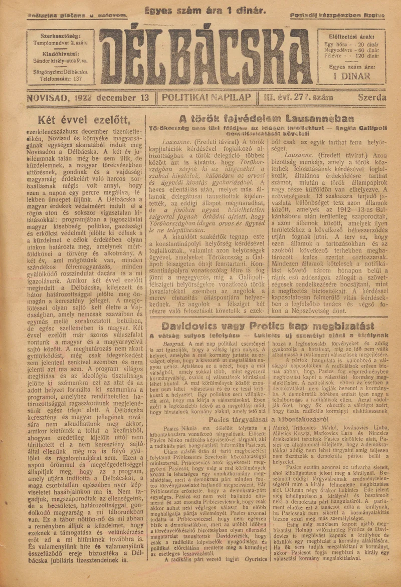 Délbácska, 3. évf. 1922. december 13. 277. sz.