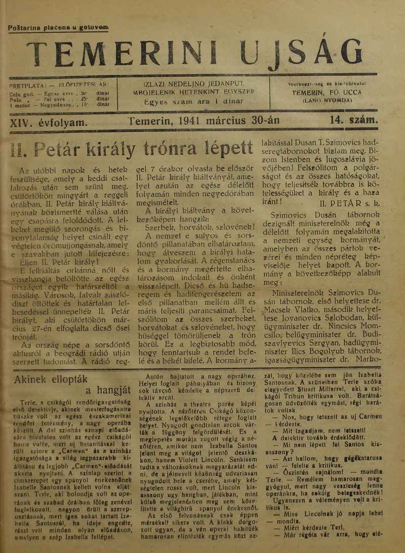 Temerini Újság 1928-1944, 14. évf. 1941. március 30. 14. sz.