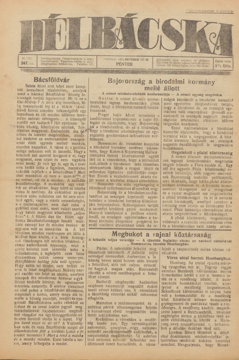 Délbácska, 4. évf. 1923. október 26. 247. sz.