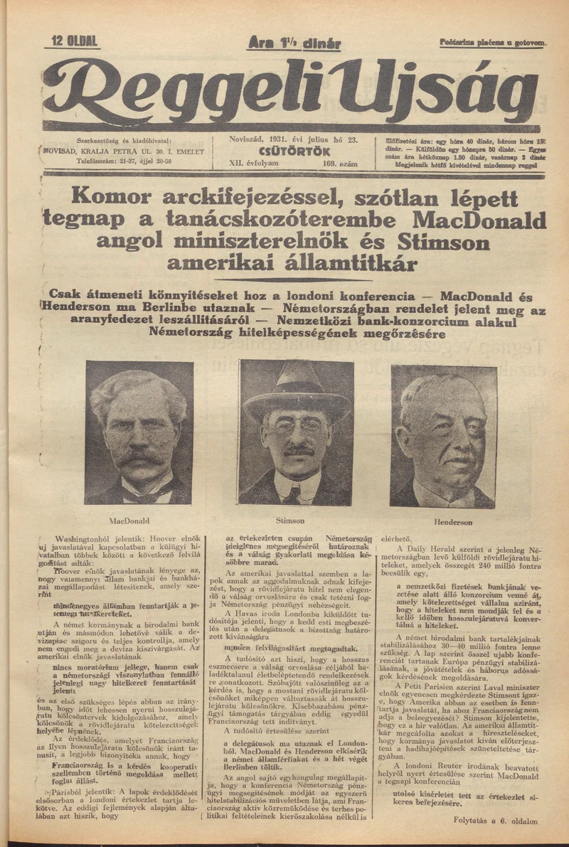 Reggeli Újság, 12. évf. 1931. július 23. 169. sz.