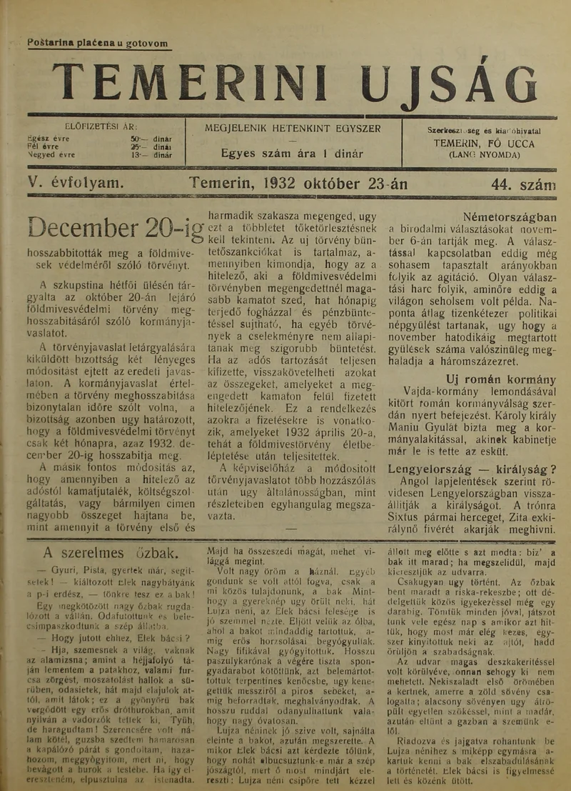 Temerini Újság 1928-1944, 5. évf. 1932. október 23. 44. sz.
