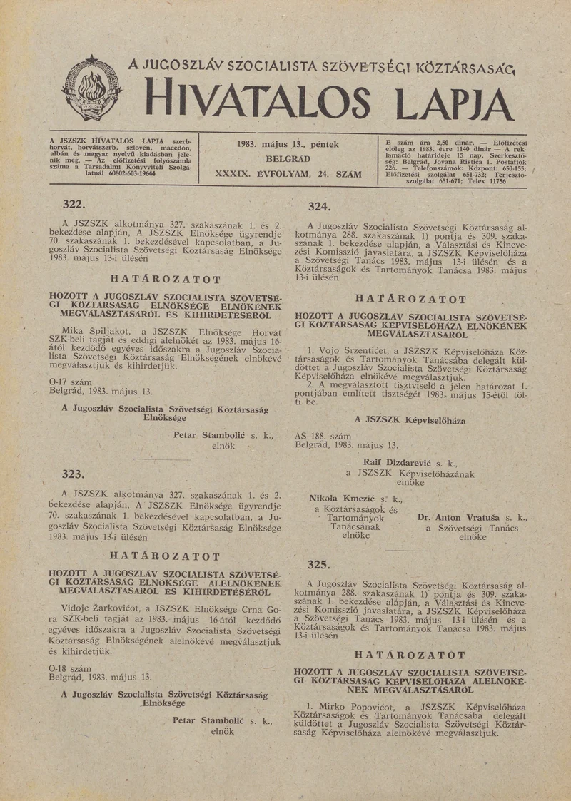 A Jugoszláv Szocialista Szövetségi Köztársaság Hivatalos Lapja, 39. évf. 1983. május 13. 24. sz. 549–552. oldal