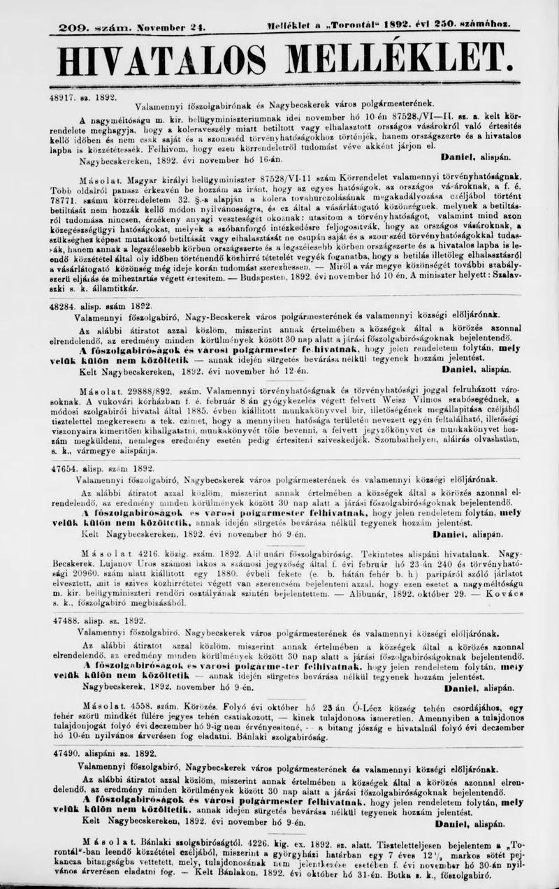 A Totontál  hivatalos melléklete, 5. évf. 1892. november 24. 209. sz.