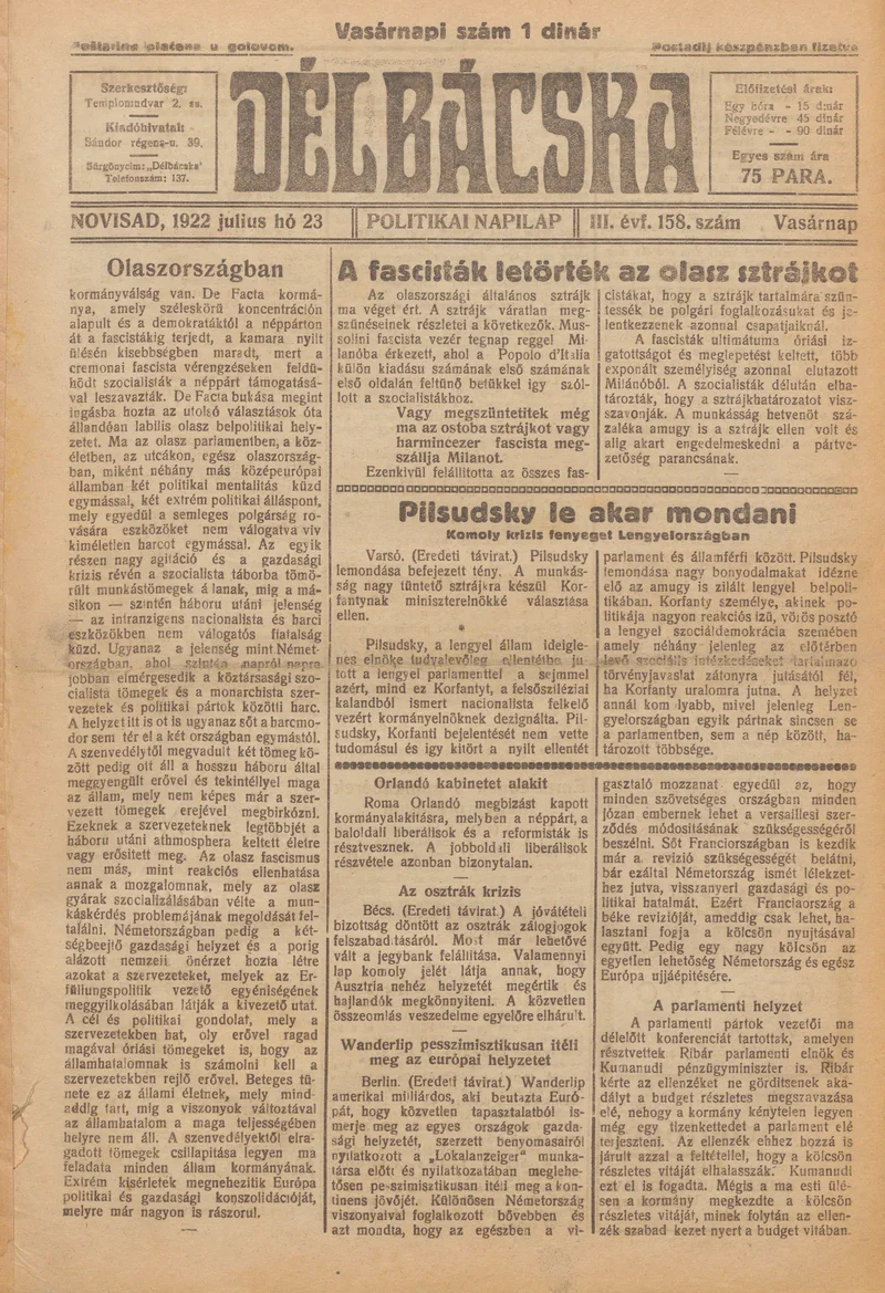 Délbácska, 3. évf. 1922. július 23. 158. sz.