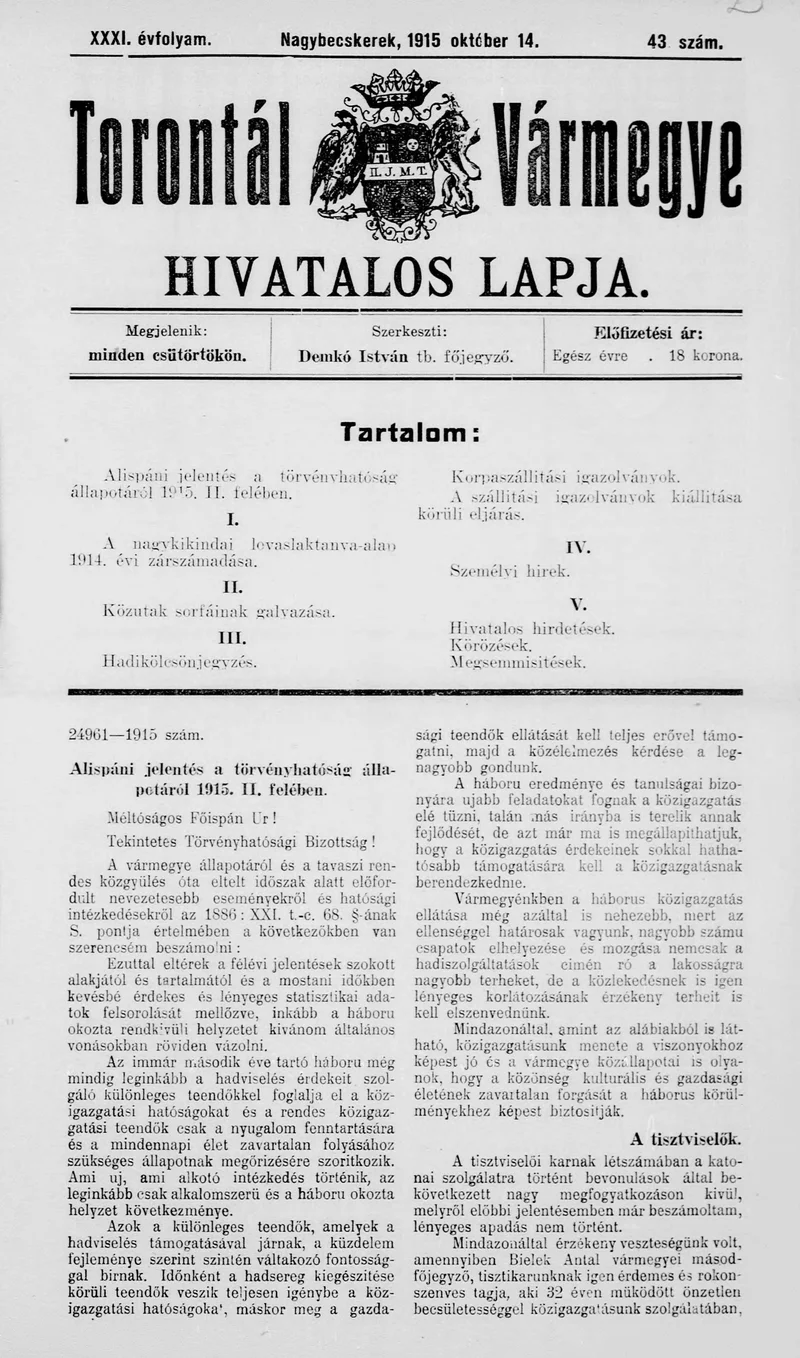 Torontál Vármegye Hivatalos Lapja, 31. évf. 1915. október 14. 43. sz.