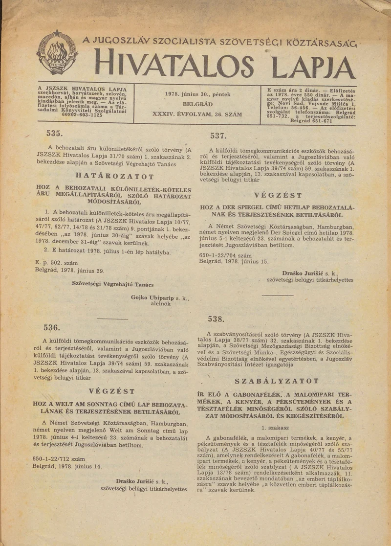 A Jugoszláv Szocialista Szövetségi Köztársaság Hivatalos Lapja, 34. évf. 1978. június 30. 36. sz. 1741–1748. oldal