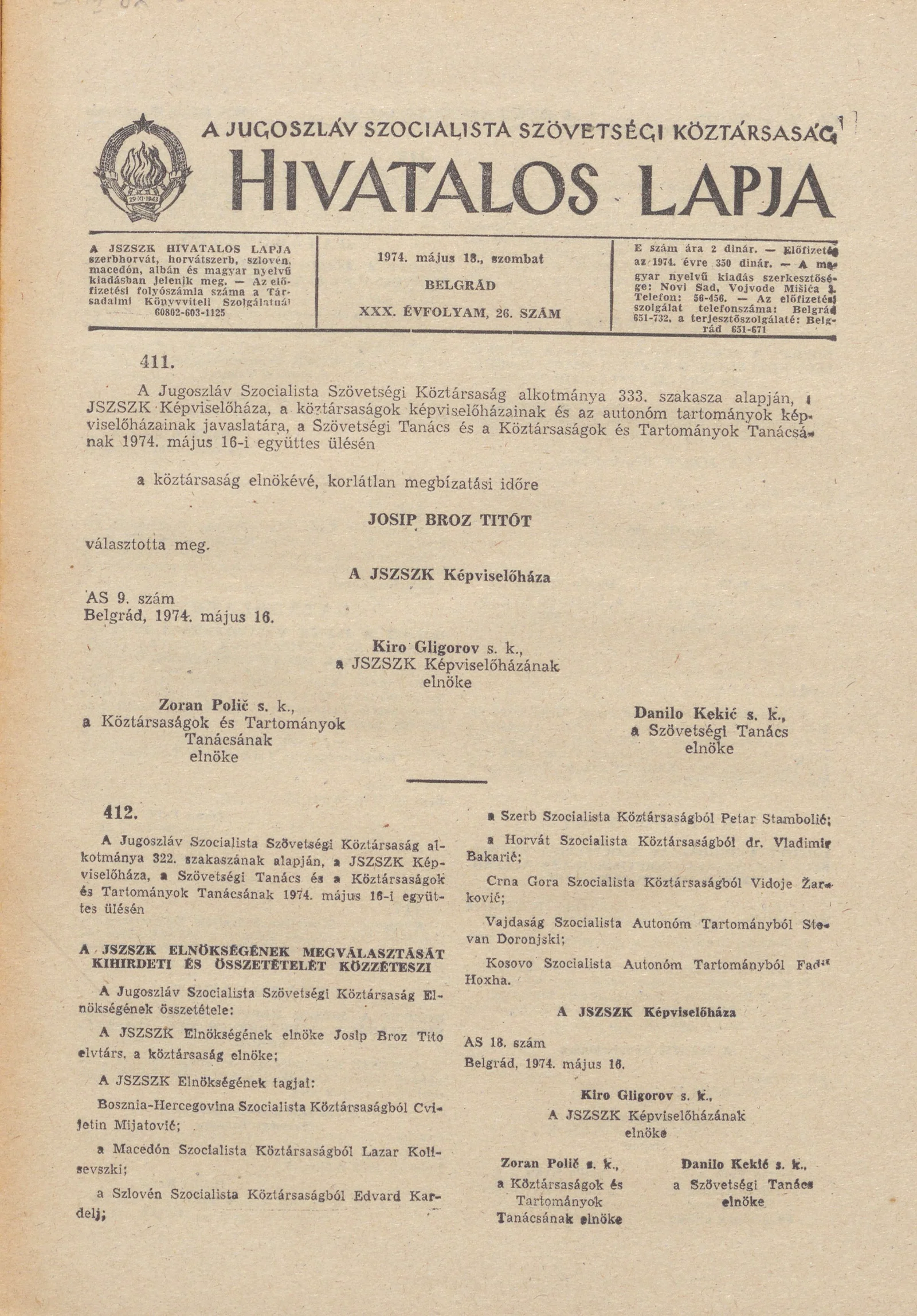 A Jugoszláv Szocialista Szövetségi Köztársaság Hivatalos Lapja, 30. évf. 1974. május 18. 26. sz. 849–856. oldal