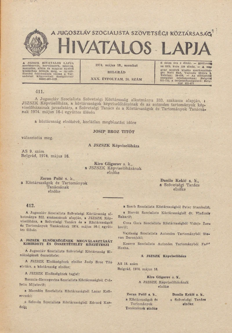 A Jugoszláv Szocialista Szövetségi Köztársaság Hivatalos Lapja, 30. évf. 1974. május 18. 26. sz. 849–856. oldal