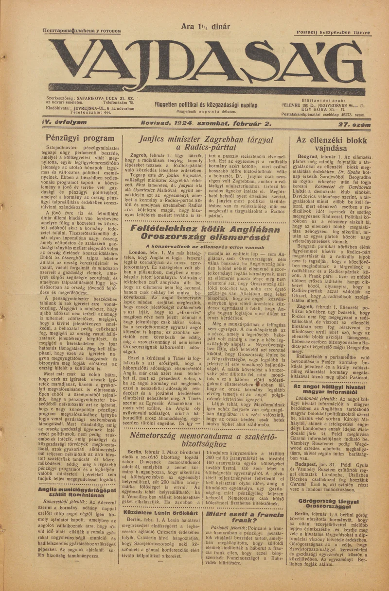 Vajdaság, 4. évf. 1924. február 2. 27. sz.