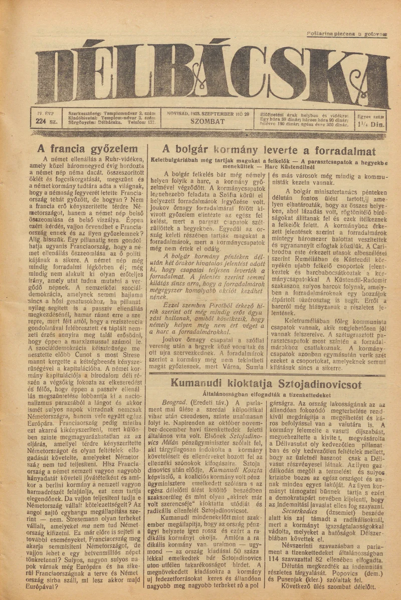 Délbácska, 4. évf. 1923. szeptember 29. 224. sz.