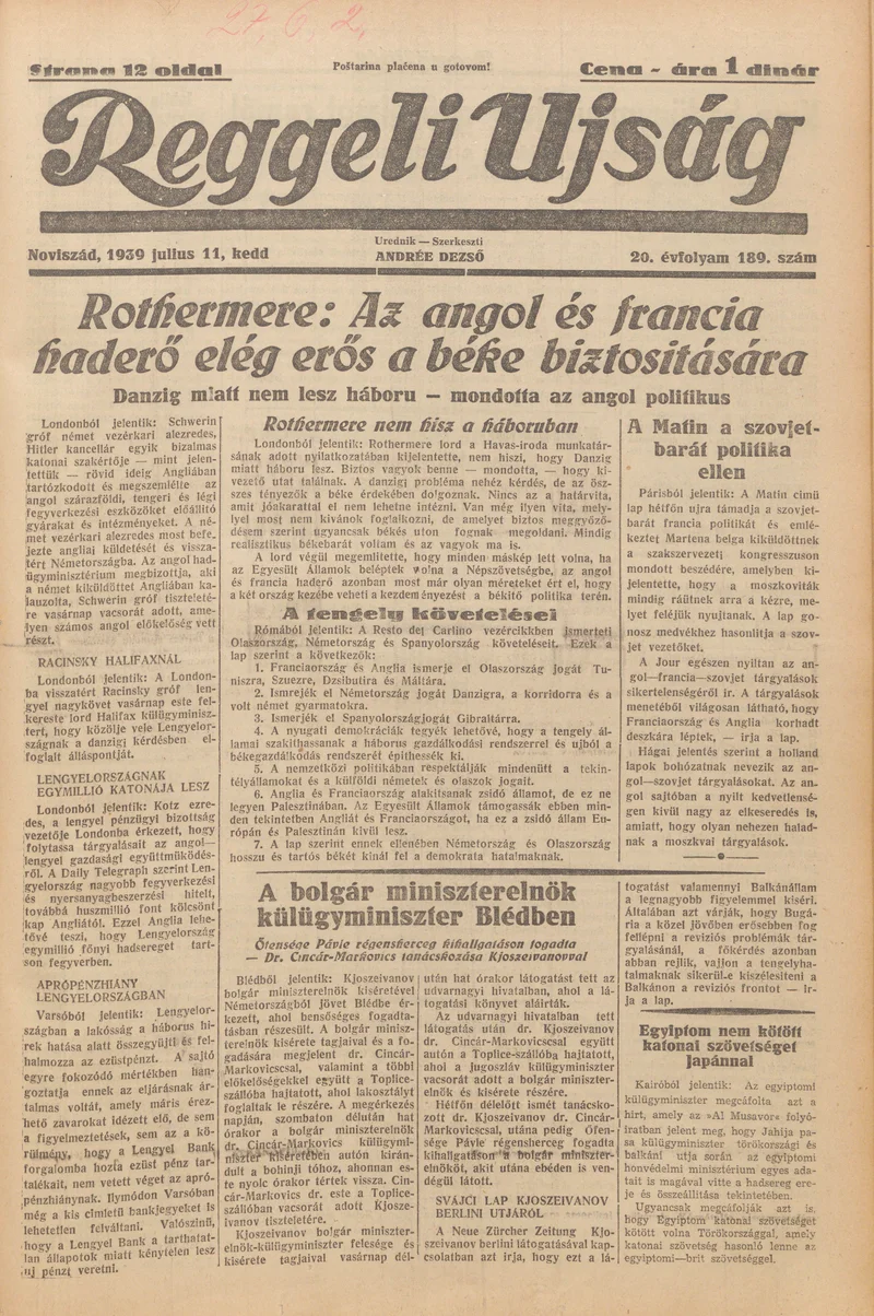 Reggeli Újság, 20. évf. 1939. július 11. 189. sz.