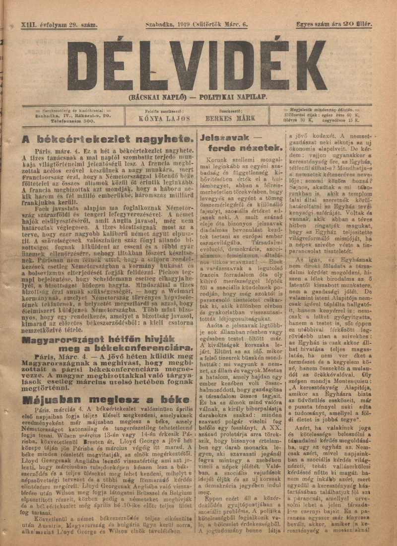 Délvidék, 13. évf. 1919. március 6. 29. sz.