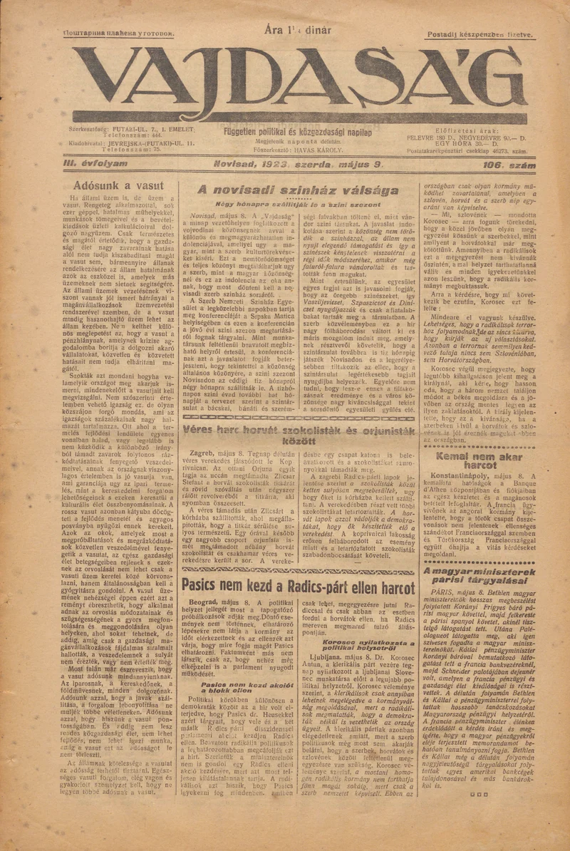 Vajdaság, 3. évf. 1923. május 9. 106. sz.