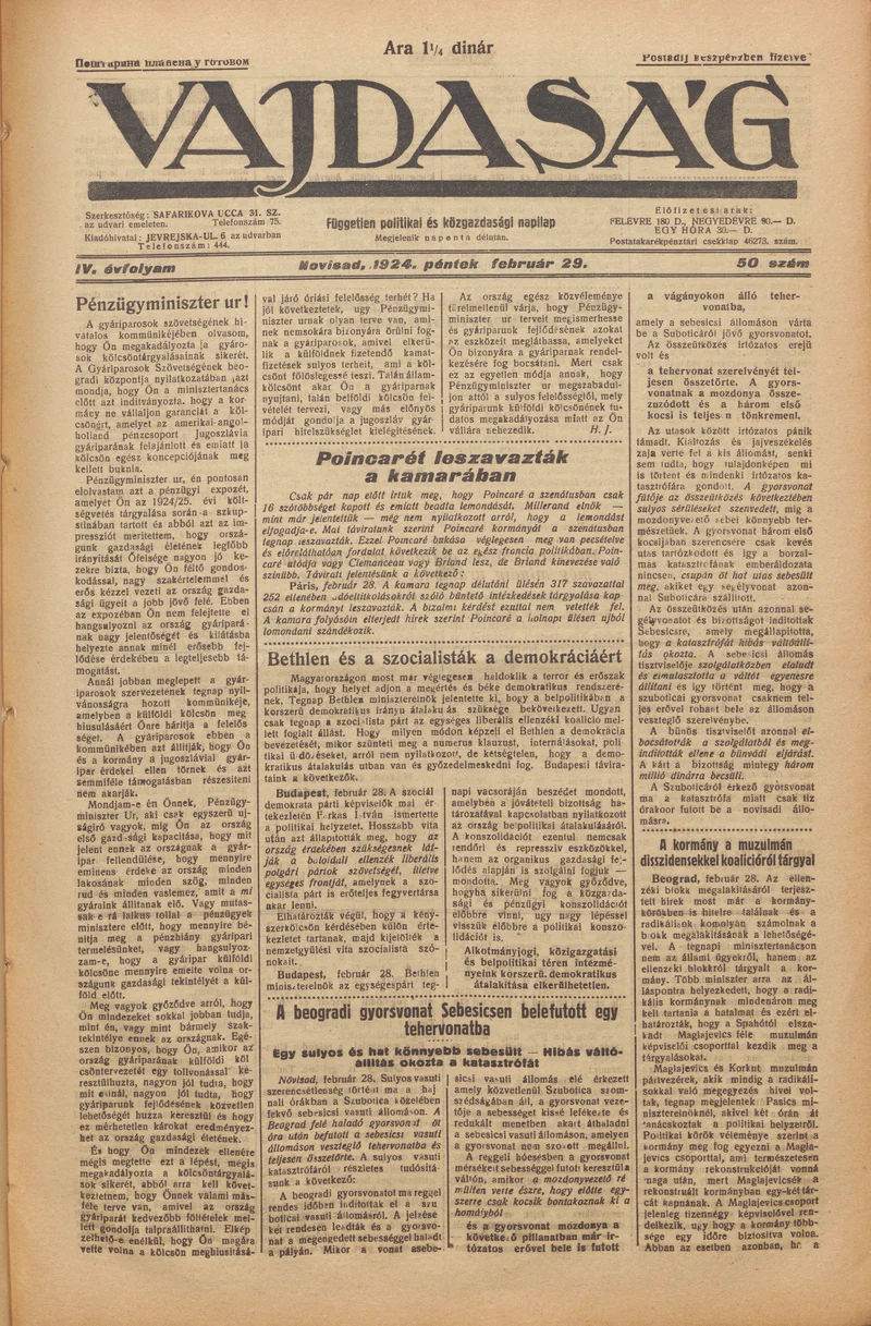 Vajdaság, 4. évf. 1924. február 29. 50. sz.