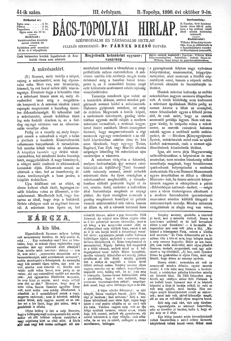 Bács-Topolyai Hirlap, 3. évf. 1898. október 9. 41. sz.