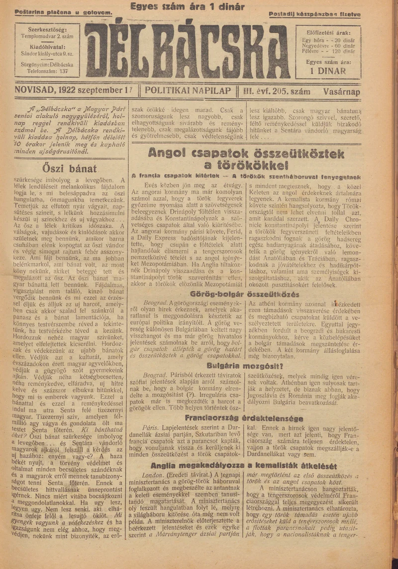 Délbácska, 3. évf. 1922. szeptember 17. 205. sz.