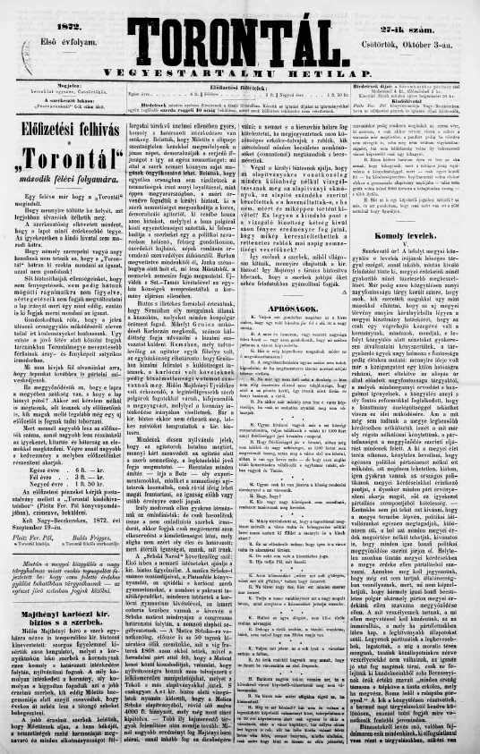 Torontál, 1. évf. 1872. október 3. 27. sz.