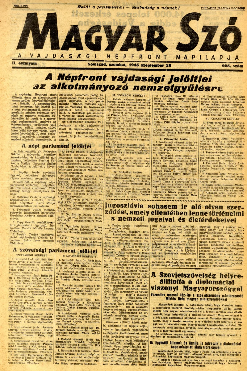 Magyar Szó, 2. évf. 1945. szeptember 29. 225. sz. 1–4. oldal