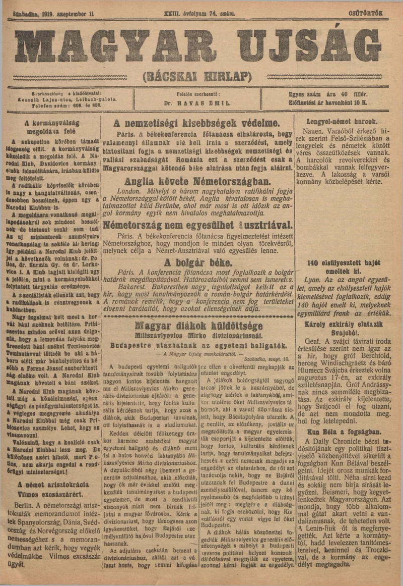 Bácskai Hirlap, 23. évf. 1919. szeptember 11. 74. sz.