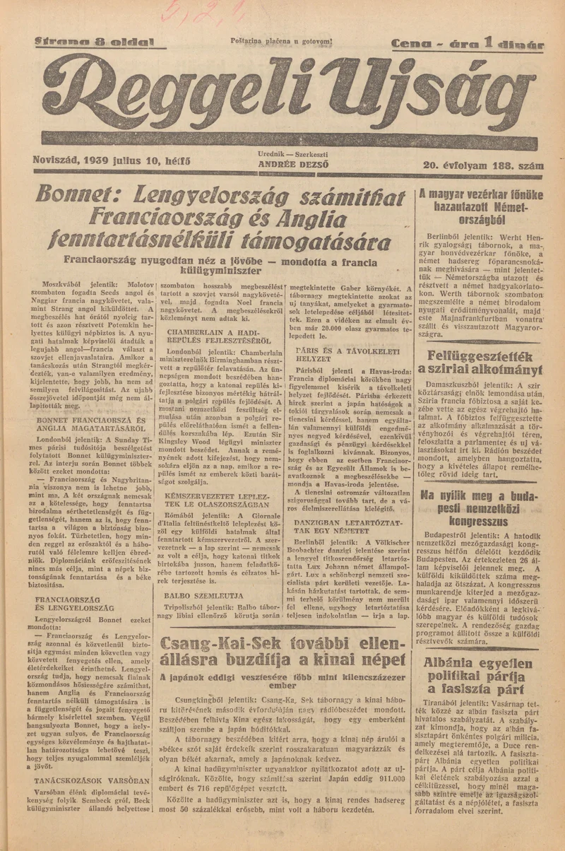 Reggeli Újság, 20. évf. 1939. július 10. 188. sz.