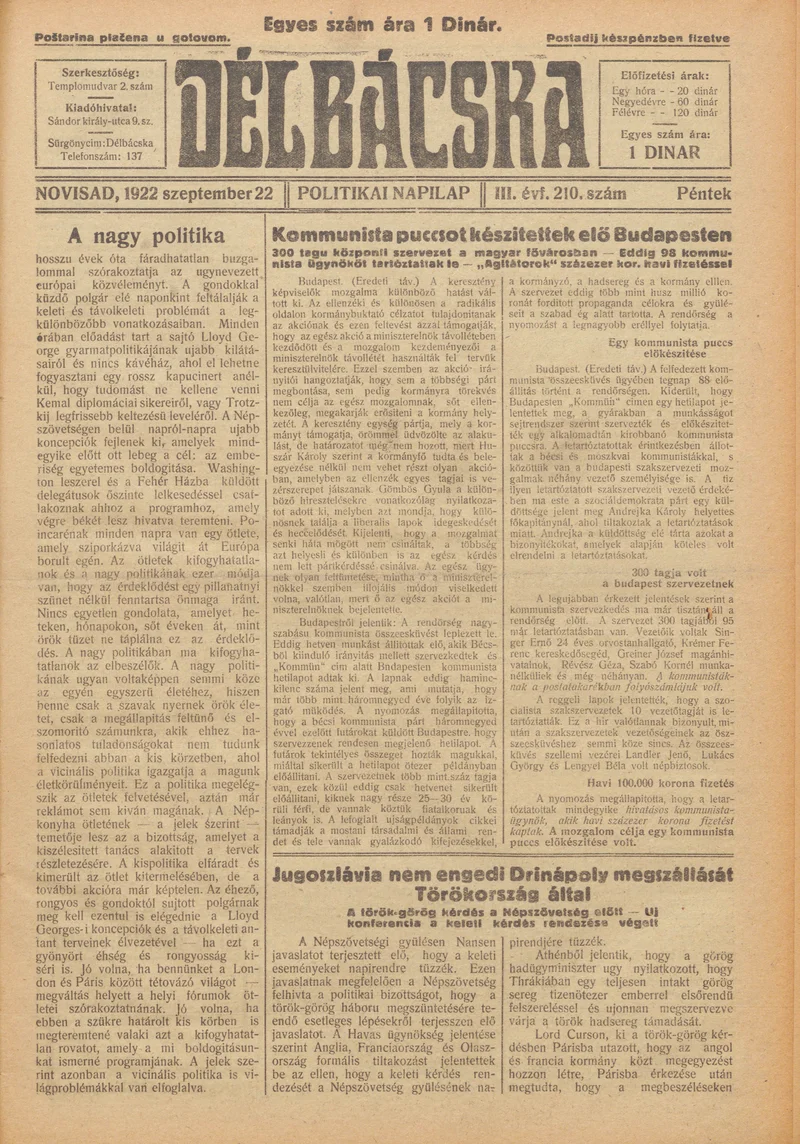 Délbácska, 3. évf. 1922. szeptember 23. 211. sz.
