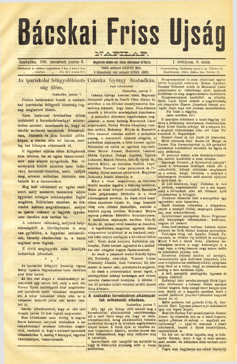 Bácskai Friss Ujság, 1. évf. 1901. június 8. 6. sz.