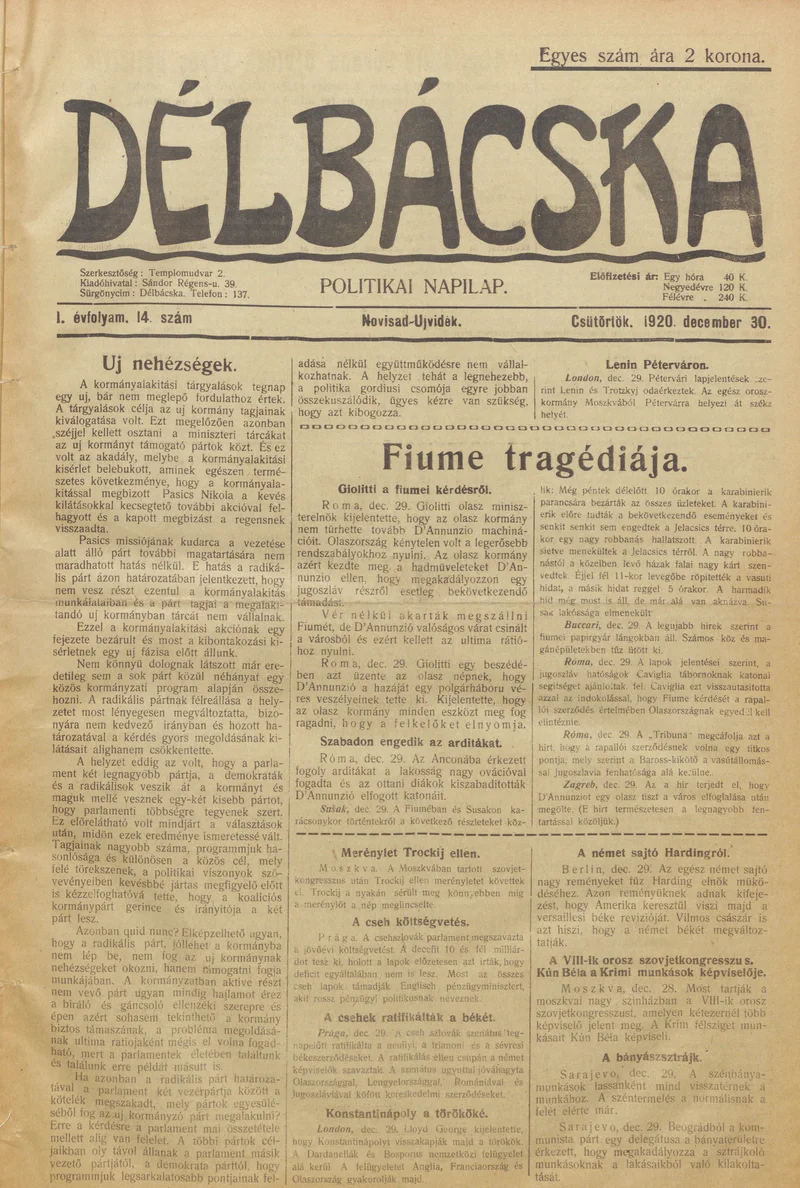 Délbácska, 1. évf. 1920. december 30. 14. sz.