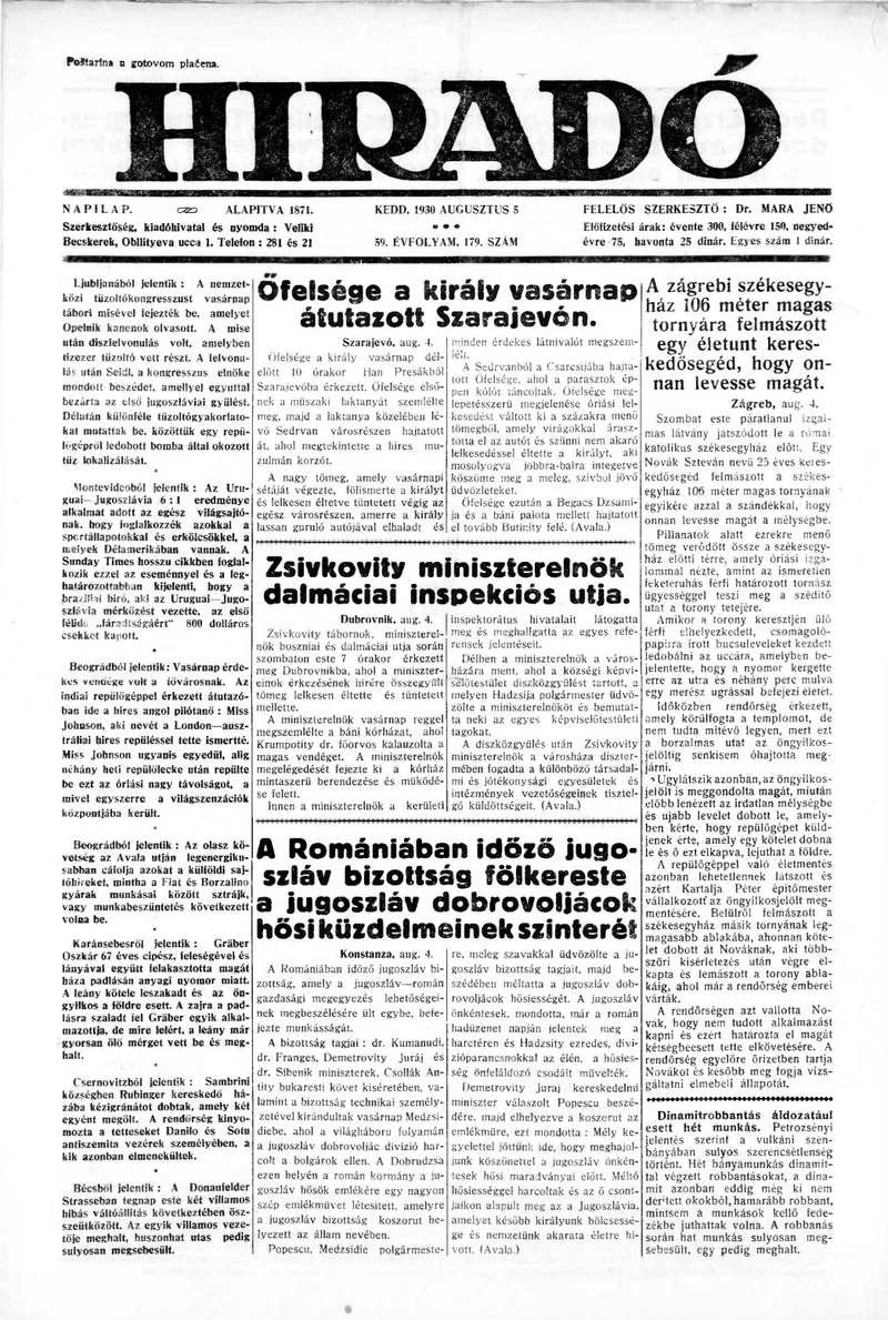 Híradó, 59. évf. 1930. augusztus 5. 179. sz.