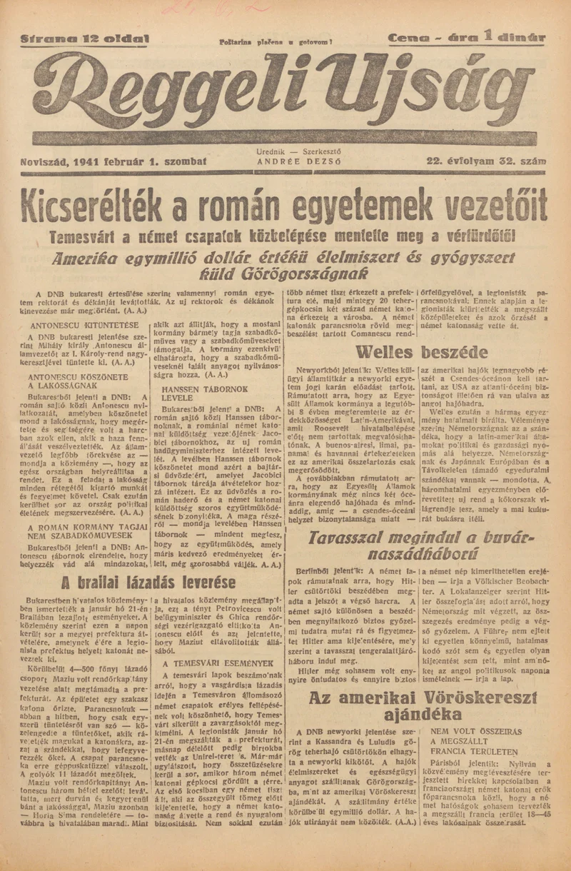 Reggeli Újság, 22. évf. 1941. február 1. 32. sz.