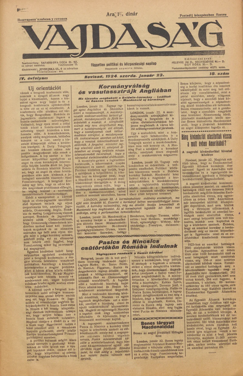 Vajdaság, 4. évf. 1924. január 23. 18. sz.