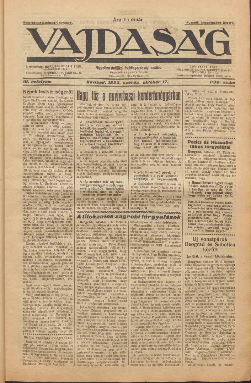 Vajdaság, 3. évf. 1923. október 17. 236. sz.