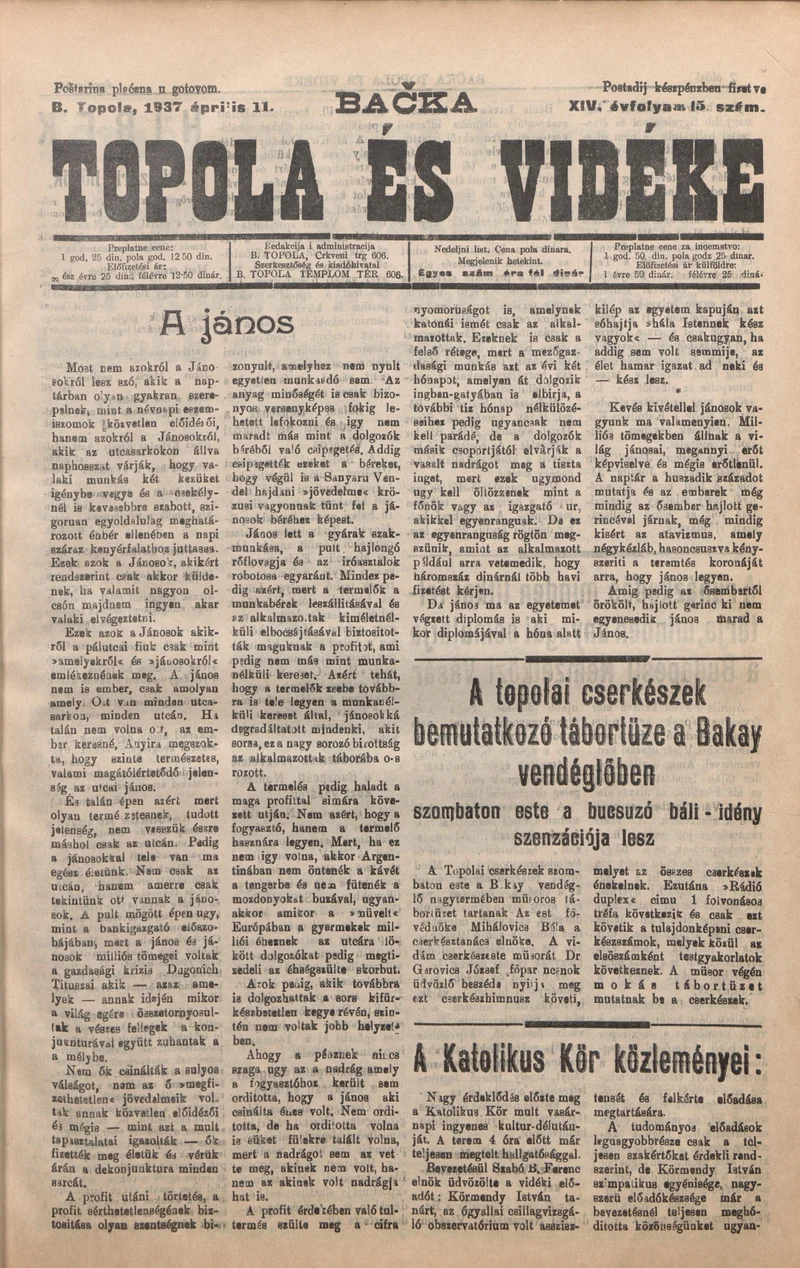 Bačka Topola és Vidéke, 14. évf. 1937. április 11. 15. sz.