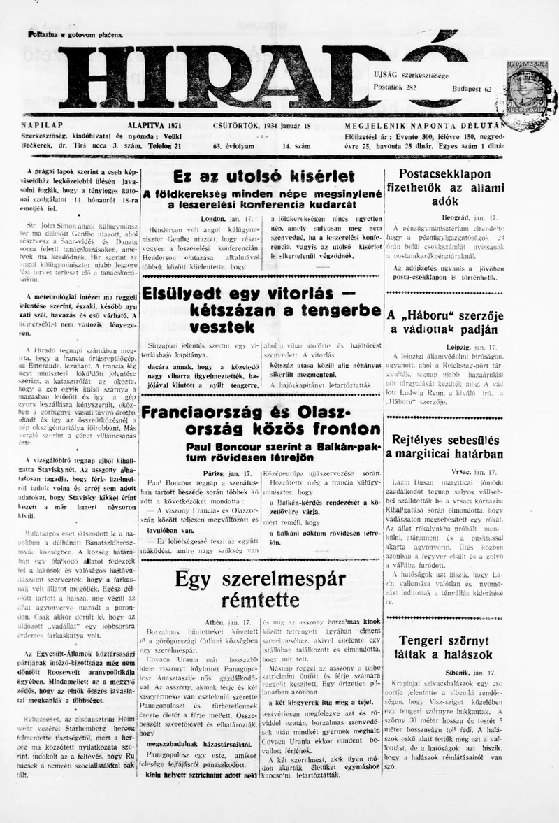Híradó, 63. évf. 1934. január 18. 14. sz.