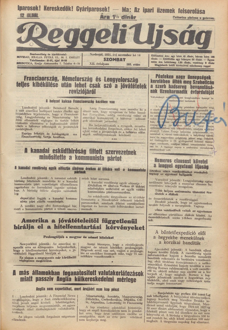 Reggeli Újság, 12. évf. 1931. november 14. 268. sz.