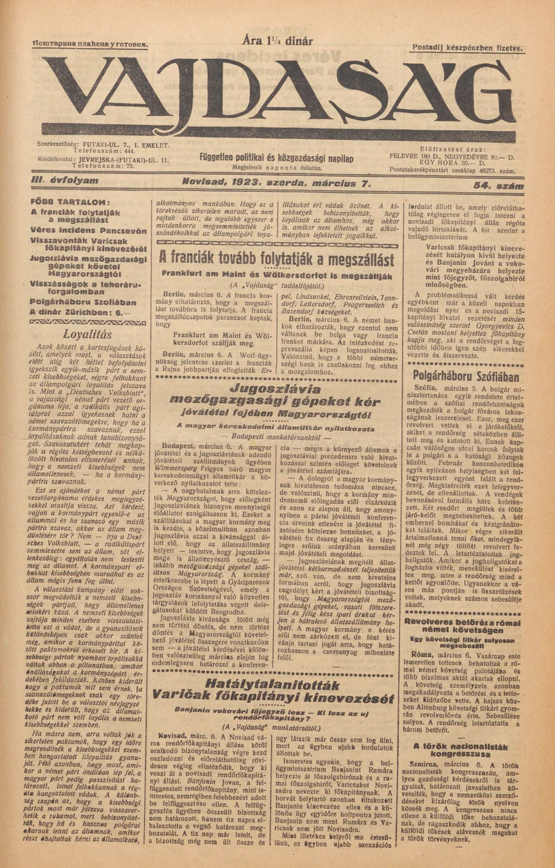 Vajdaság, 3. évf. 1923. március 7. 54. sz.