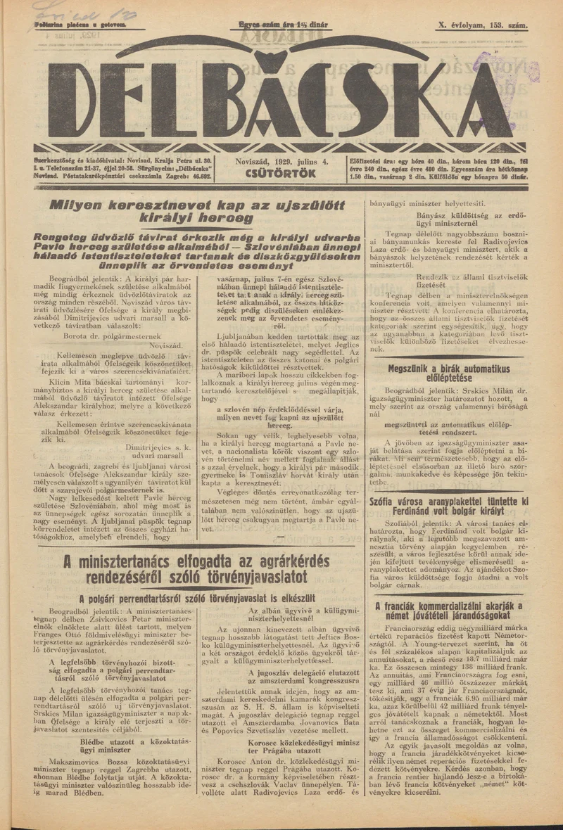 Délbácska, 10. évf. 1929. július 4. 153. sz.